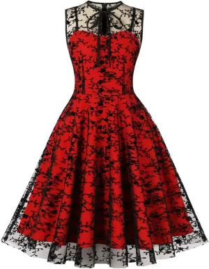 1950s Dresses for Women Vintage Elegant Short Puff Sleeve Polka Dot Patchwork Knee Length Cocktail Party Dress