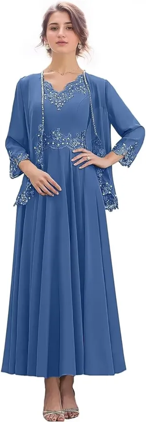 2 Pieces Mother of The Bride Dresses for Wedding 3/4 Sleeves Chiffon Long Formal Dress for Women 2025 Elegant