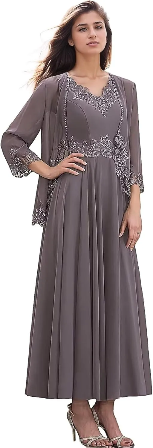 2 Pieces Mother of The Bride Dresses for Wedding 3/4 Sleeves Chiffon Long Formal Dress for Women 2025 Elegant