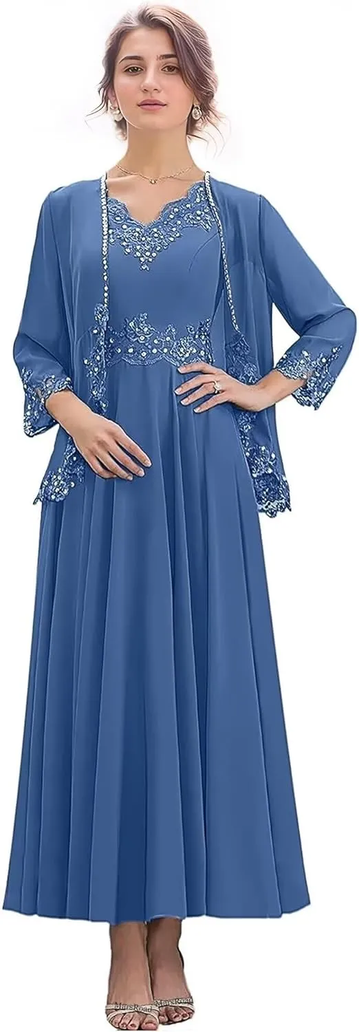 2 Pieces Mother of The Bride Dresses for Wedding 3/4 Sleeves Chiffon Long Formal Dress for Women 2025 Elegant