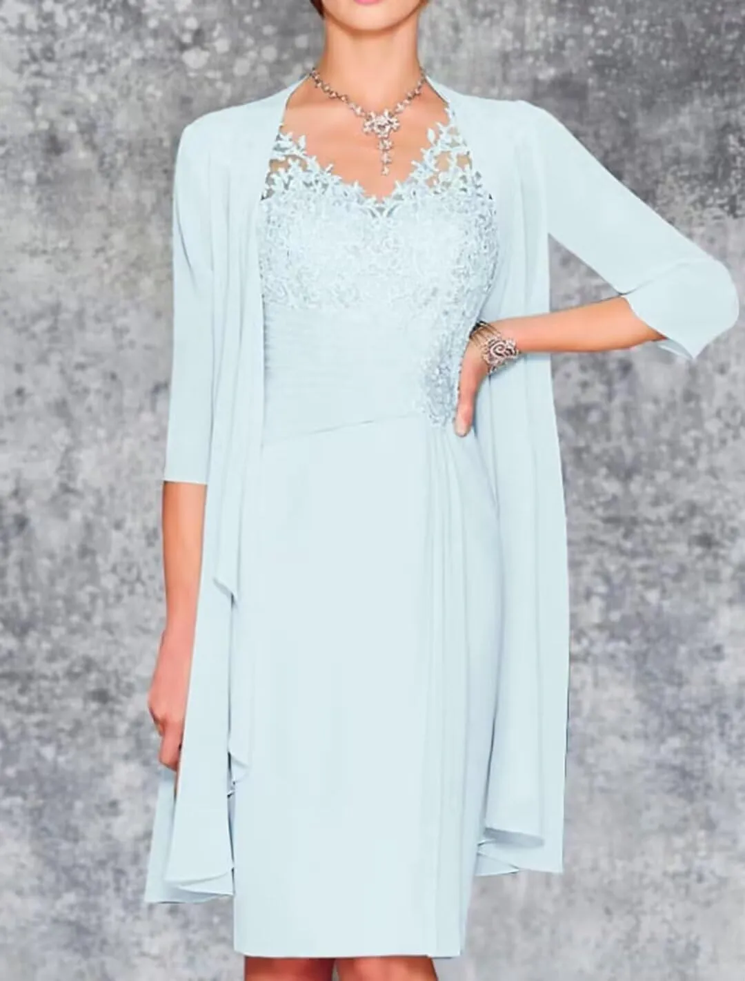 2 Pieces Mother of The Bride Dresses with Jacket Tea Length 3/4 Sleeve Lace Appliques Chiffon Formal Evening Gown