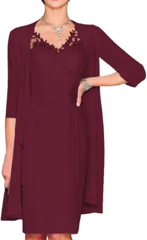 2 Pieces Mother of The Bride Dresses with Jacket Tea Length 3/4 Sleeve Lace Appliques Chiffon Formal Evening Gown