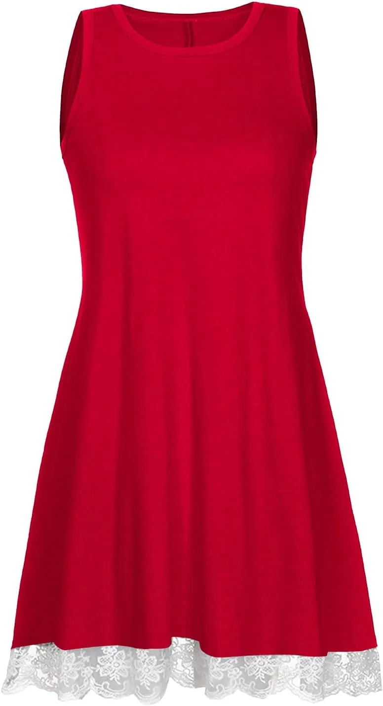 2025 Sleeveless Mini Dress for Women Casual A Line Tank Sundress with Lace Hem Loose Fit Soft Flowy Summer Dresses