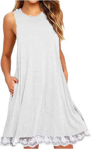 2025 Sleeveless Mini Dress for Women Casual A Line Tank Sundress with Lace Hem Loose Fit Soft Flowy Summer Dresses
