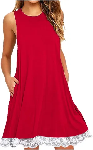 2025 Sleeveless Mini Dress for Women Casual A Line Tank Sundress with Lace Hem Loose Fit Soft Flowy Summer Dresses