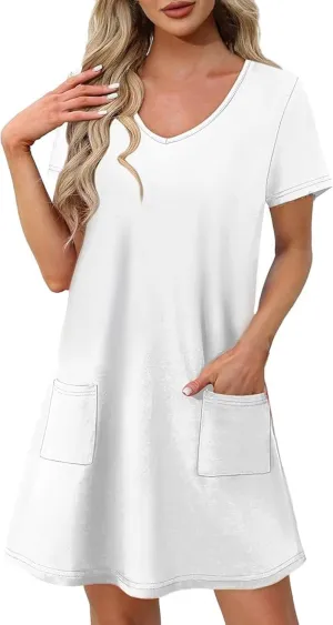 2025 Summer Dresses for Women Solid Color Short Sleeve Pleated A-Linen Dress Casual V-Neck Comfy Soft Home Dress