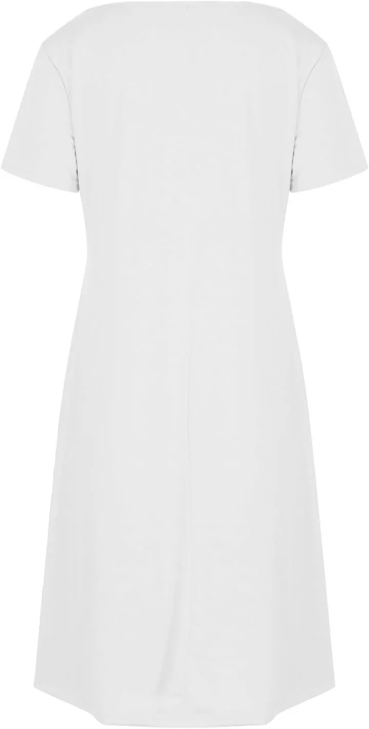 2025 Summer Dresses for Women Solid Color Short Sleeve Pleated A-Linen Dress Casual V-Neck Comfy Soft Home Dress