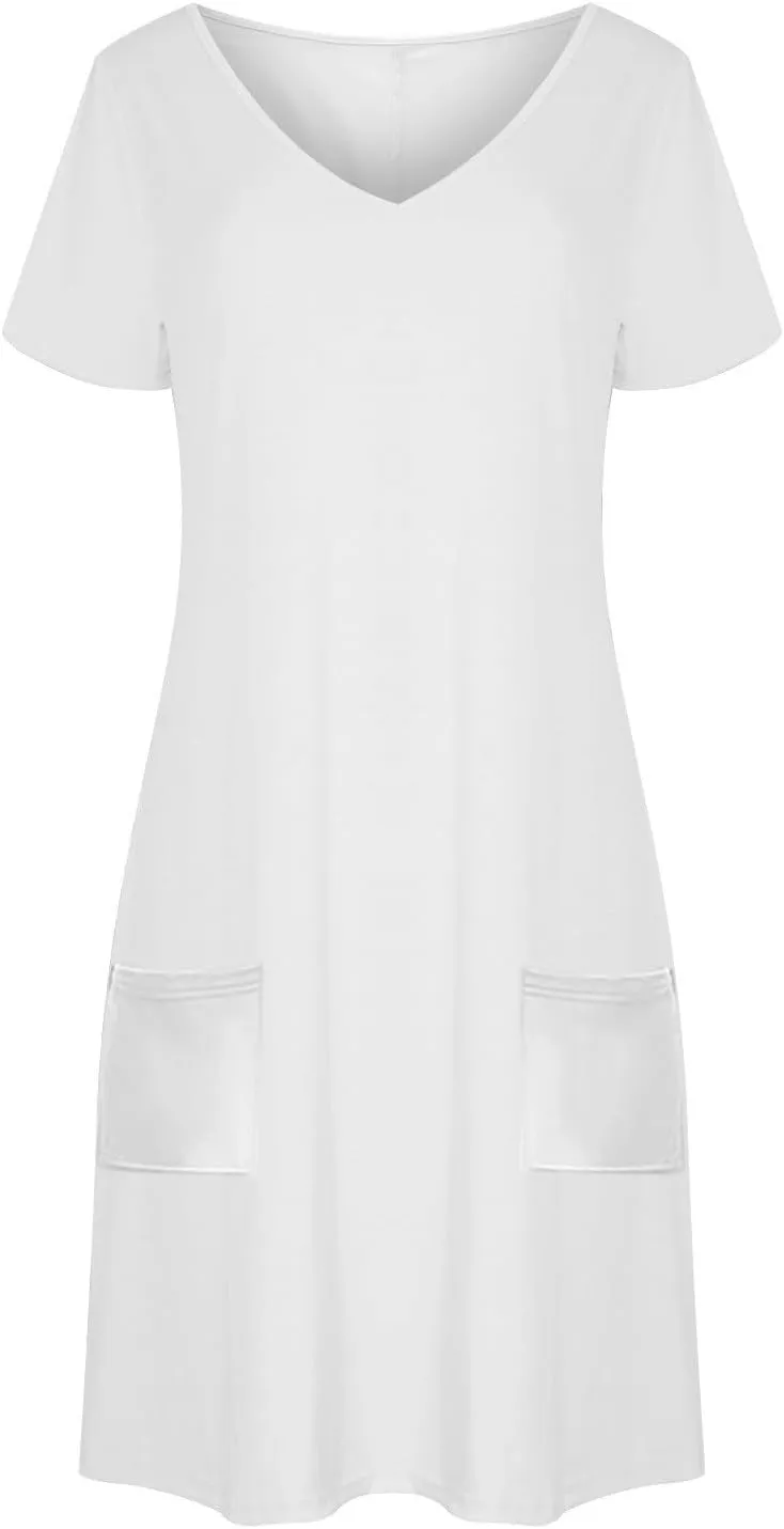 2025 Summer Dresses for Women Solid Color Short Sleeve Pleated A-Linen Dress Casual V-Neck Comfy Soft Home Dress