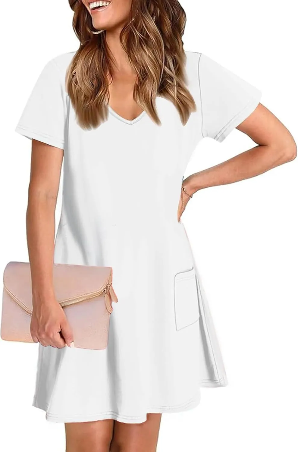 2025 Summer Dresses for Women Solid Color Short Sleeve Pleated A-Linen Dress Casual V-Neck Comfy Soft Home Dress
