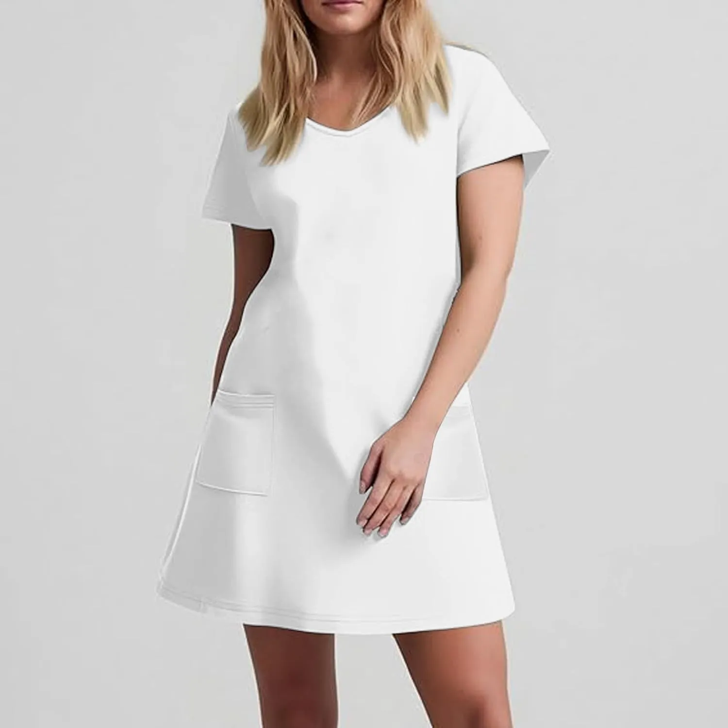 2025 Summer Dresses for Women Solid Color Short Sleeve Pleated A-Linen Dress Casual V-Neck Comfy Soft Home Dress