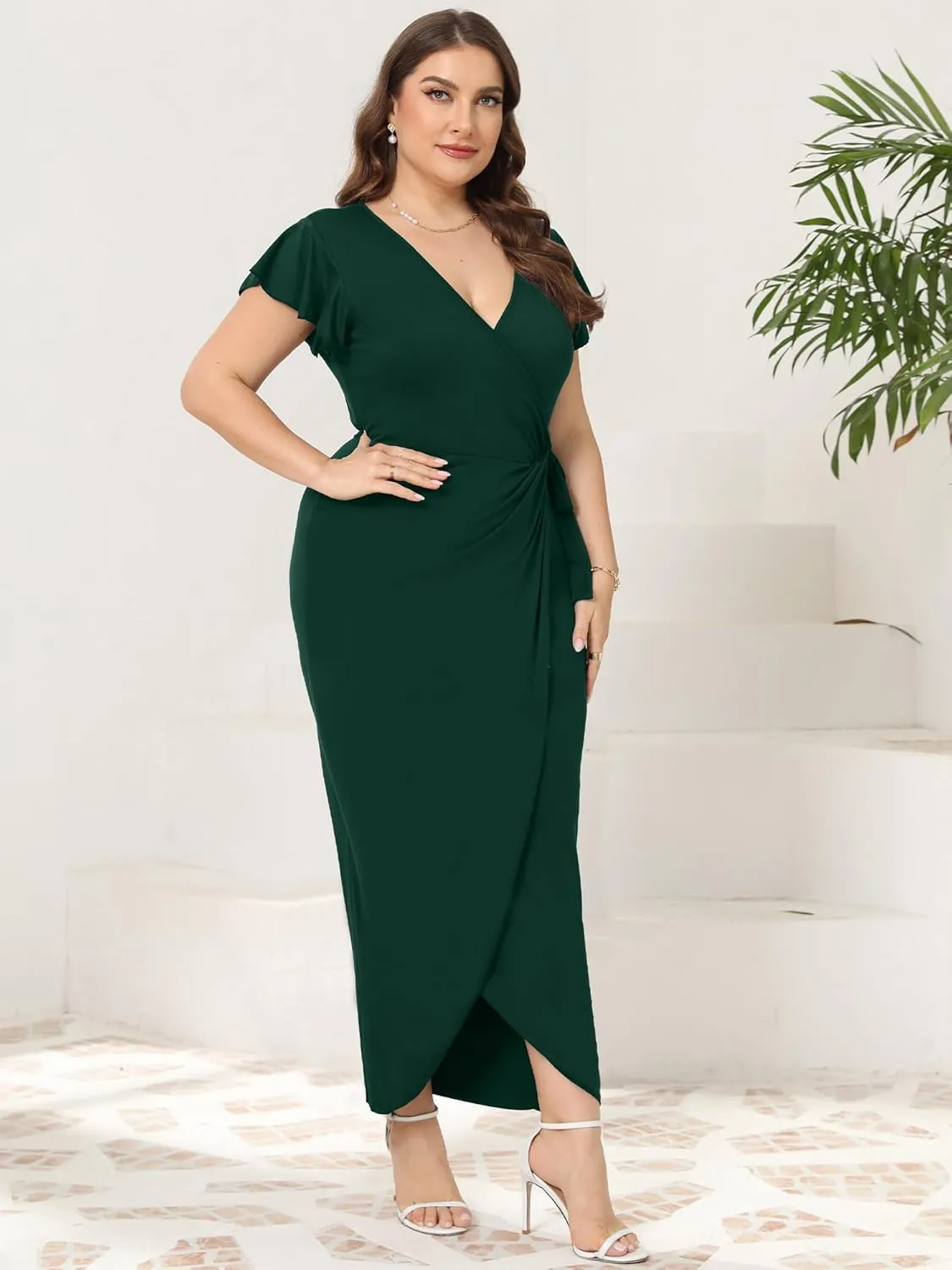 2025 Womens Deep Cross V Neck Ruffle Sleeve Tulip Hem Plus Size Work Cocktail Party Elegant Ruched Long Wrap Dress