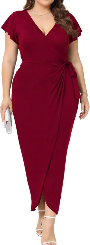 2025 Womens Deep Cross V Neck Ruffle Sleeve Tulip Hem Plus Size Work Cocktail Party Elegant Ruched Long Wrap Dress