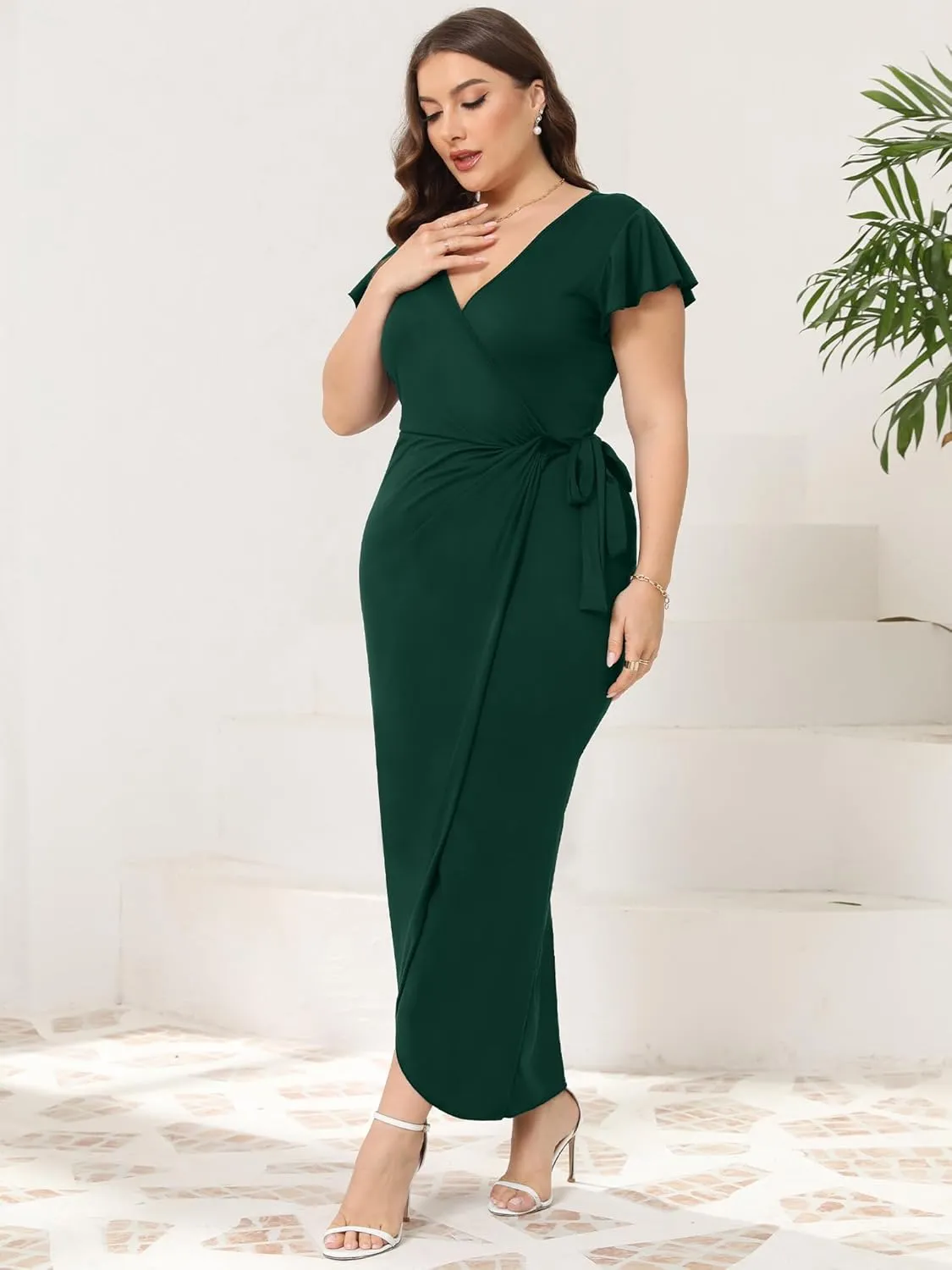 2025 Womens Deep Cross V Neck Ruffle Sleeve Tulip Hem Plus Size Work Cocktail Party Elegant Ruched Long Wrap Dress