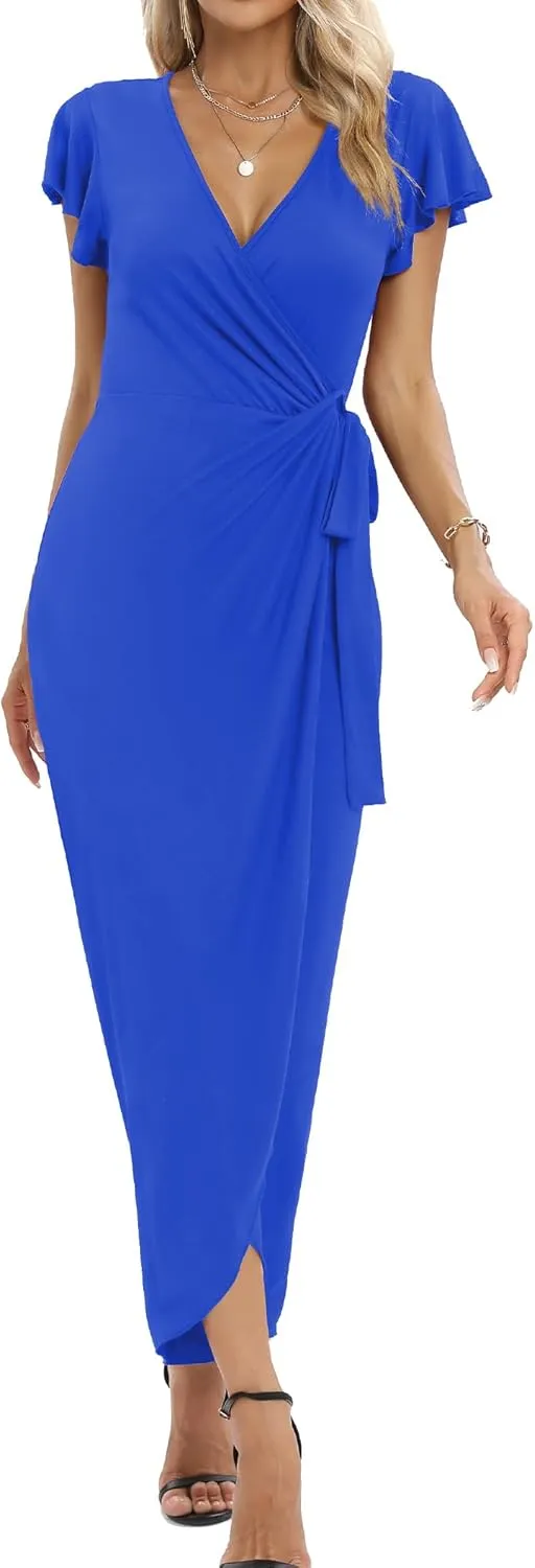 2025 Womens Deep Cross V Neck Ruffle Sleeve Tulip Hem Plus Size Work Cocktail Party Elegant Ruched Long Wrap Dress