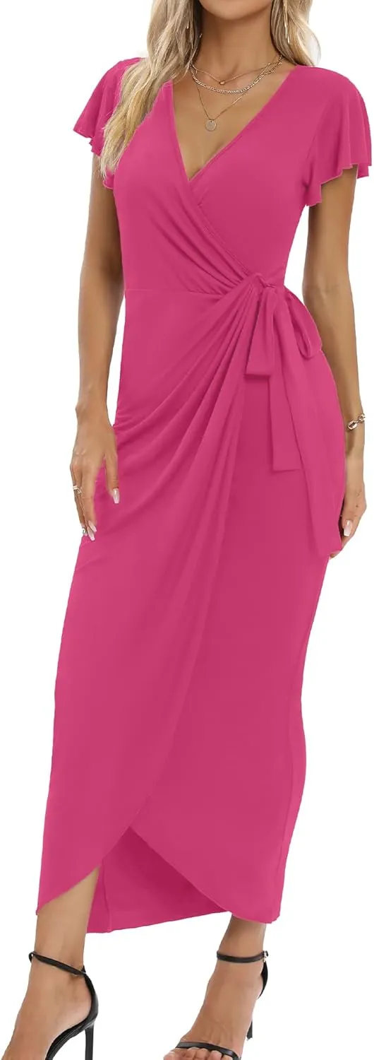 2025 Womens Deep Cross V Neck Ruffle Sleeve Tulip Hem Plus Size Work Cocktail Party Elegant Ruched Long Wrap Dress