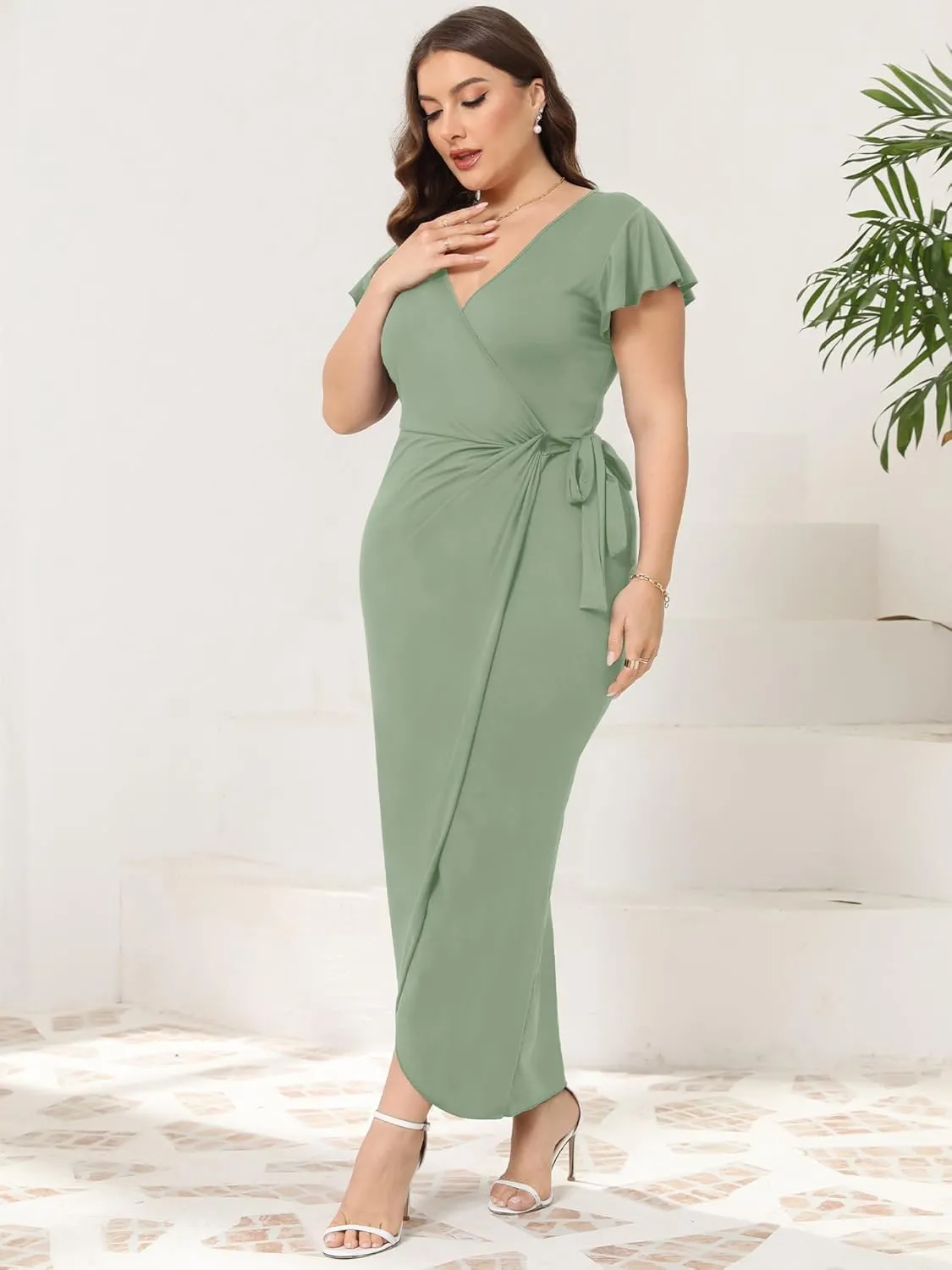 2025 Womens Deep Cross V Neck Ruffle Sleeve Tulip Hem Plus Size Work Cocktail Party Elegant Ruched Long Wrap Dress
