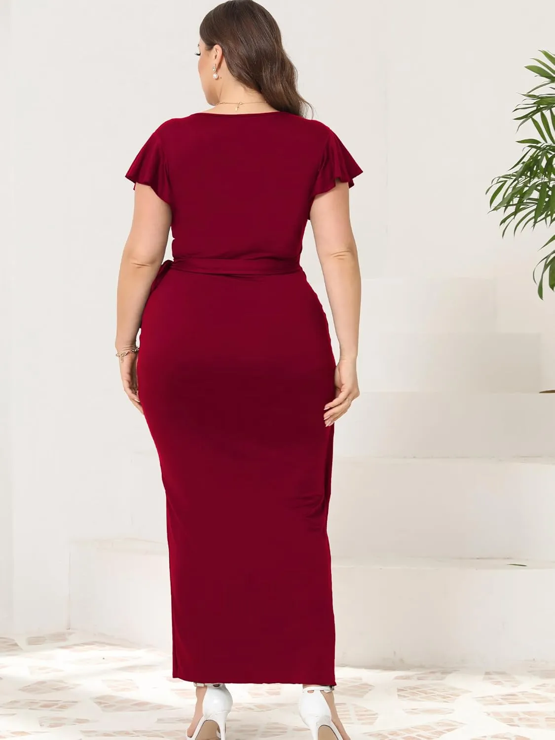 2025 Womens Deep Cross V Neck Ruffle Sleeve Tulip Hem Plus Size Work Cocktail Party Elegant Ruched Long Wrap Dress