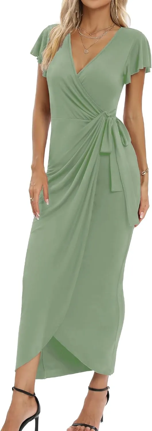 2025 Womens Deep Cross V Neck Ruffle Sleeve Tulip Hem Plus Size Work Cocktail Party Elegant Ruched Long Wrap Dress