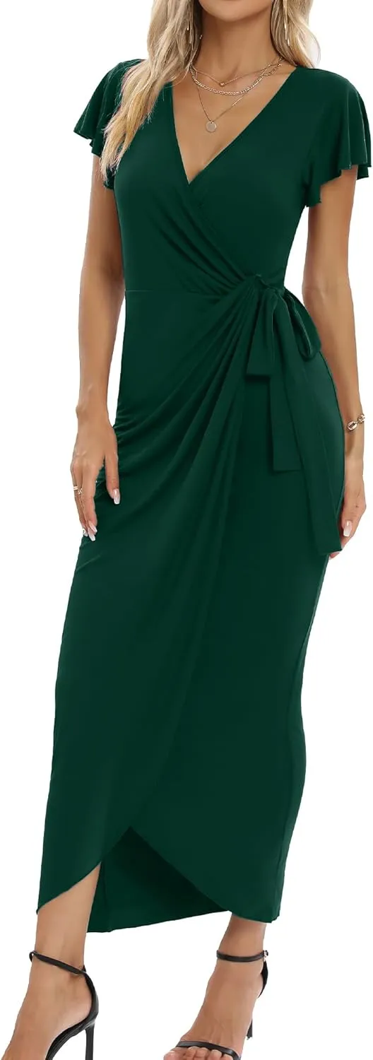 2025 Womens Deep Cross V Neck Ruffle Sleeve Tulip Hem Plus Size Work Cocktail Party Elegant Ruched Long Wrap Dress
