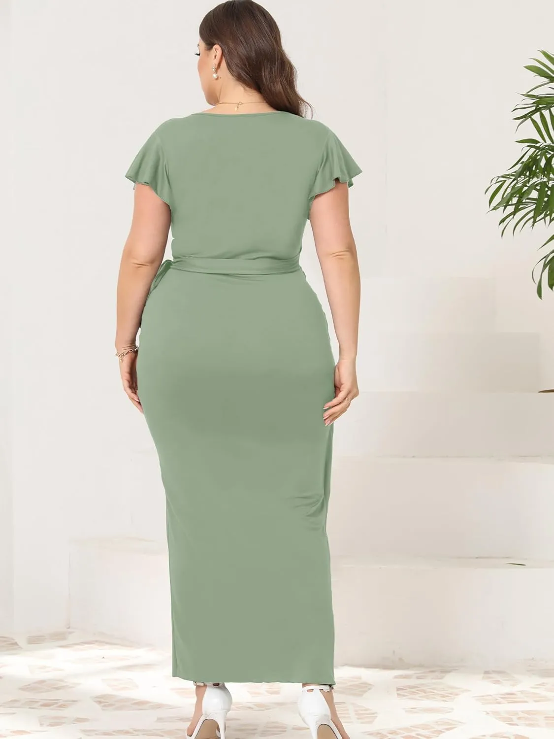 2025 Womens Deep Cross V Neck Ruffle Sleeve Tulip Hem Plus Size Work Cocktail Party Elegant Ruched Long Wrap Dress