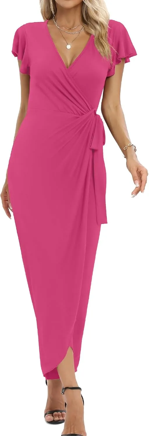 2025 Womens Deep Cross V Neck Ruffle Sleeve Tulip Hem Plus Size Work Cocktail Party Elegant Ruched Long Wrap Dress