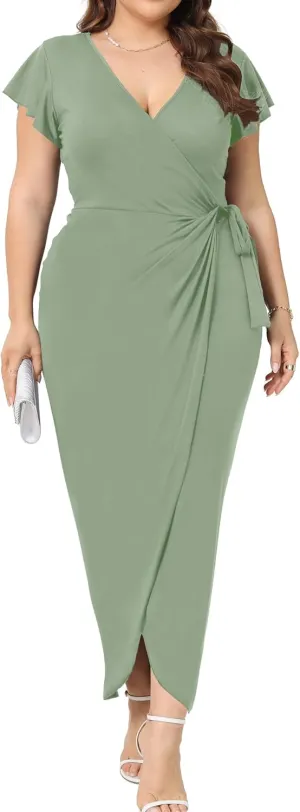 2025 Womens Deep Cross V Neck Ruffle Sleeve Tulip Hem Plus Size Work Cocktail Party Elegant Ruched Long Wrap Dress