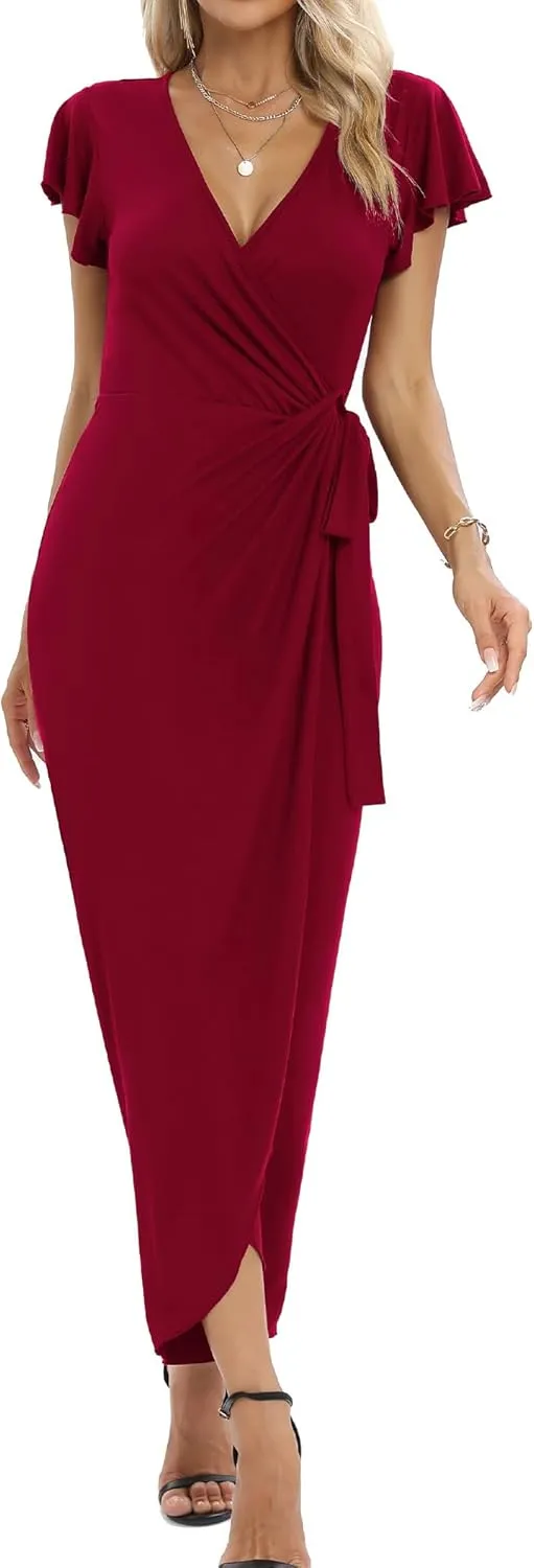 2025 Womens Deep Cross V Neck Ruffle Sleeve Tulip Hem Plus Size Work Cocktail Party Elegant Ruched Long Wrap Dress