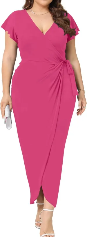 2025 Womens Deep Cross V Neck Ruffle Sleeve Tulip Hem Plus Size Work Cocktail Party Elegant Ruched Long Wrap Dress