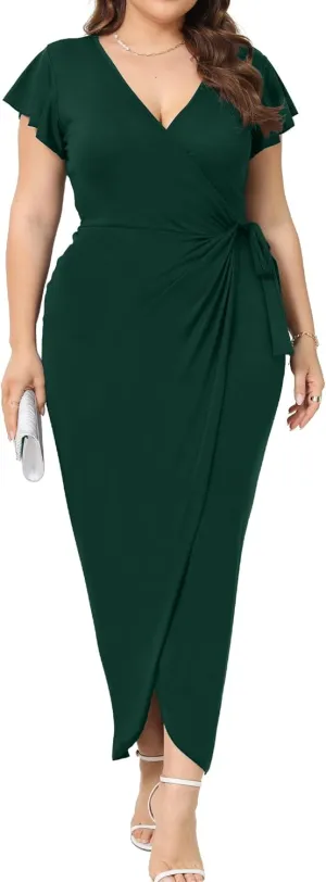 2025 Womens Deep Cross V Neck Ruffle Sleeve Tulip Hem Plus Size Work Cocktail Party Elegant Ruched Long Wrap Dress