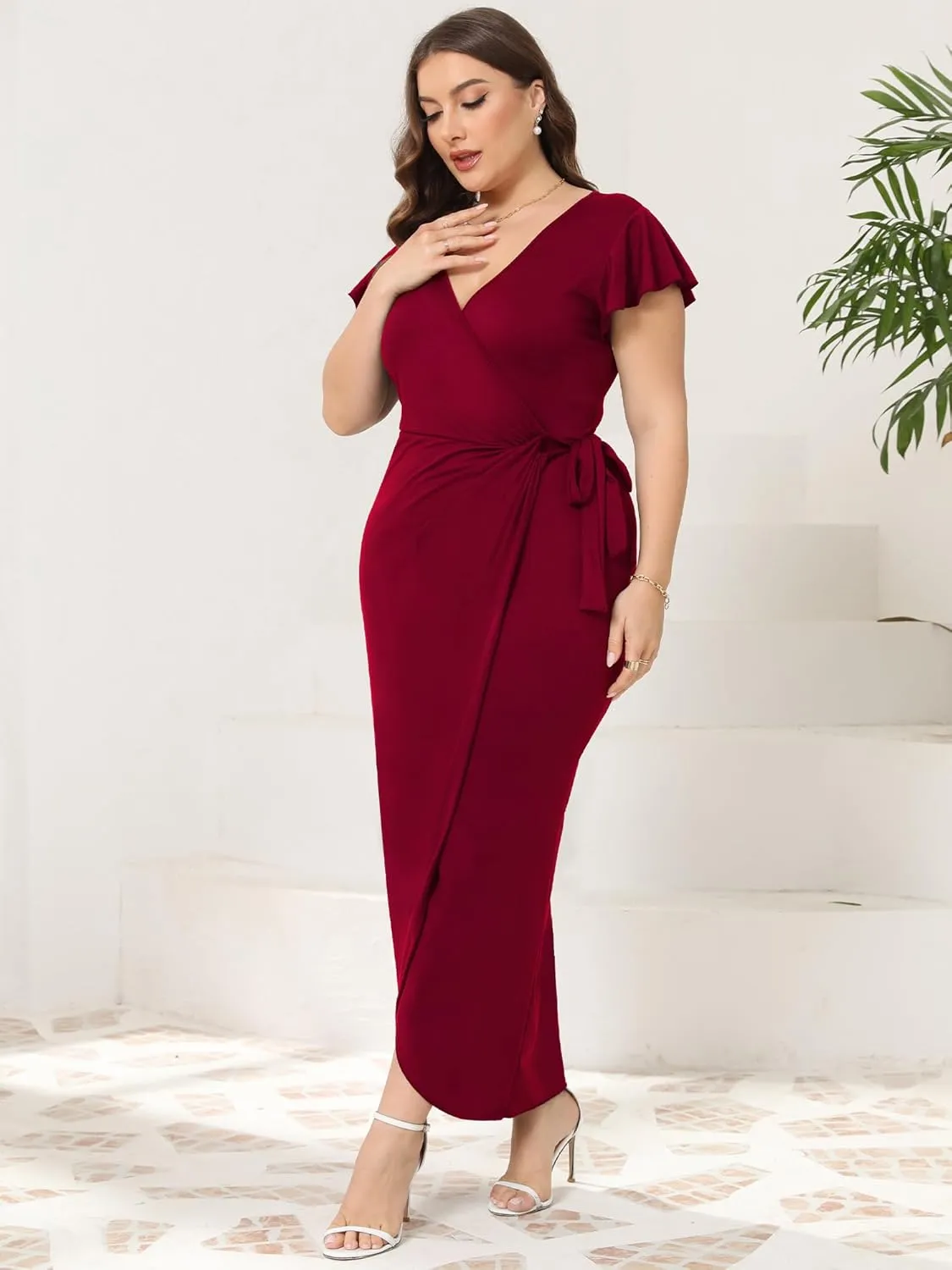 2025 Womens Deep Cross V Neck Ruffle Sleeve Tulip Hem Plus Size Work Cocktail Party Elegant Ruched Long Wrap Dress