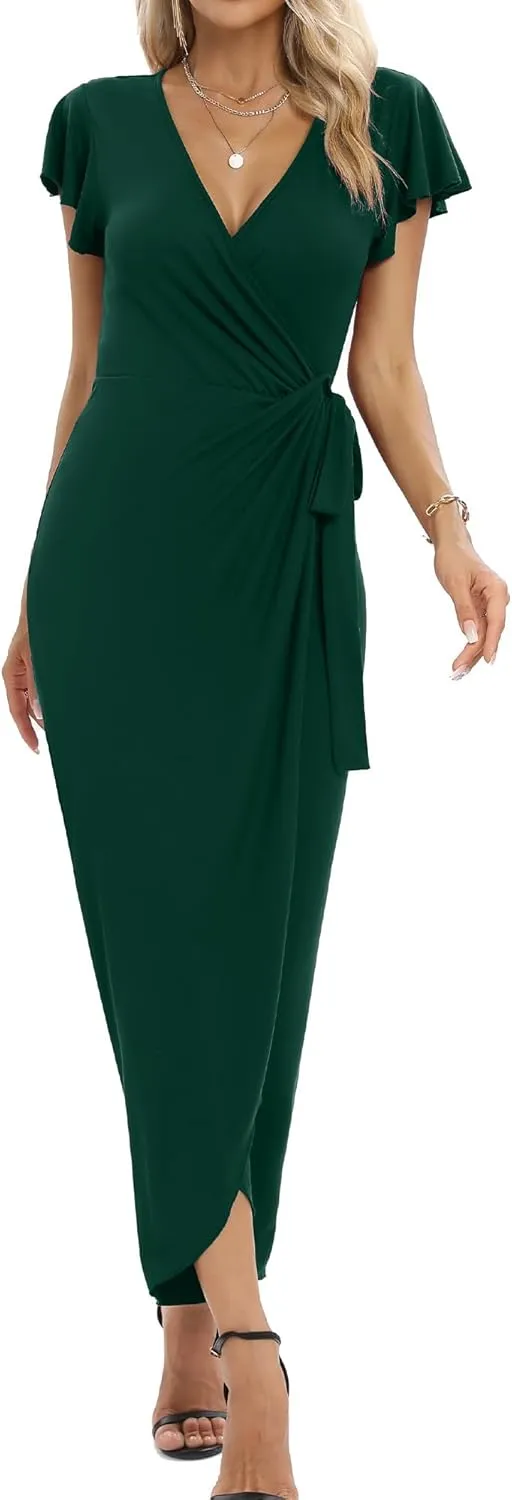 2025 Womens Deep Cross V Neck Ruffle Sleeve Tulip Hem Plus Size Work Cocktail Party Elegant Ruched Long Wrap Dress