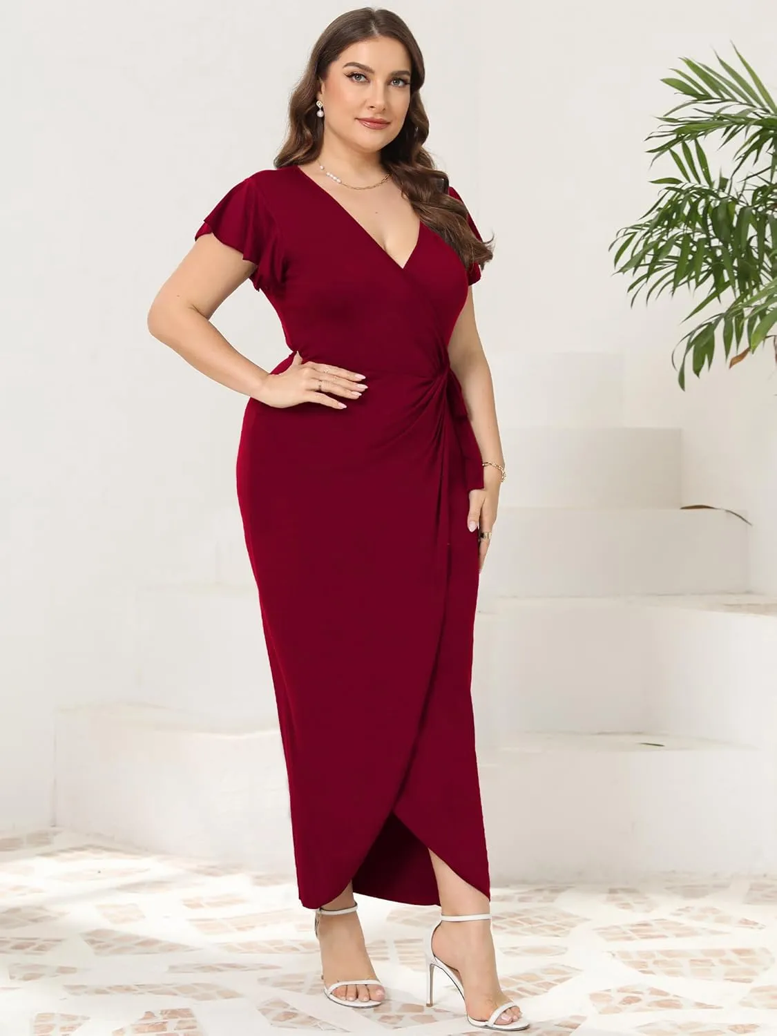 2025 Womens Deep Cross V Neck Ruffle Sleeve Tulip Hem Plus Size Work Cocktail Party Elegant Ruched Long Wrap Dress