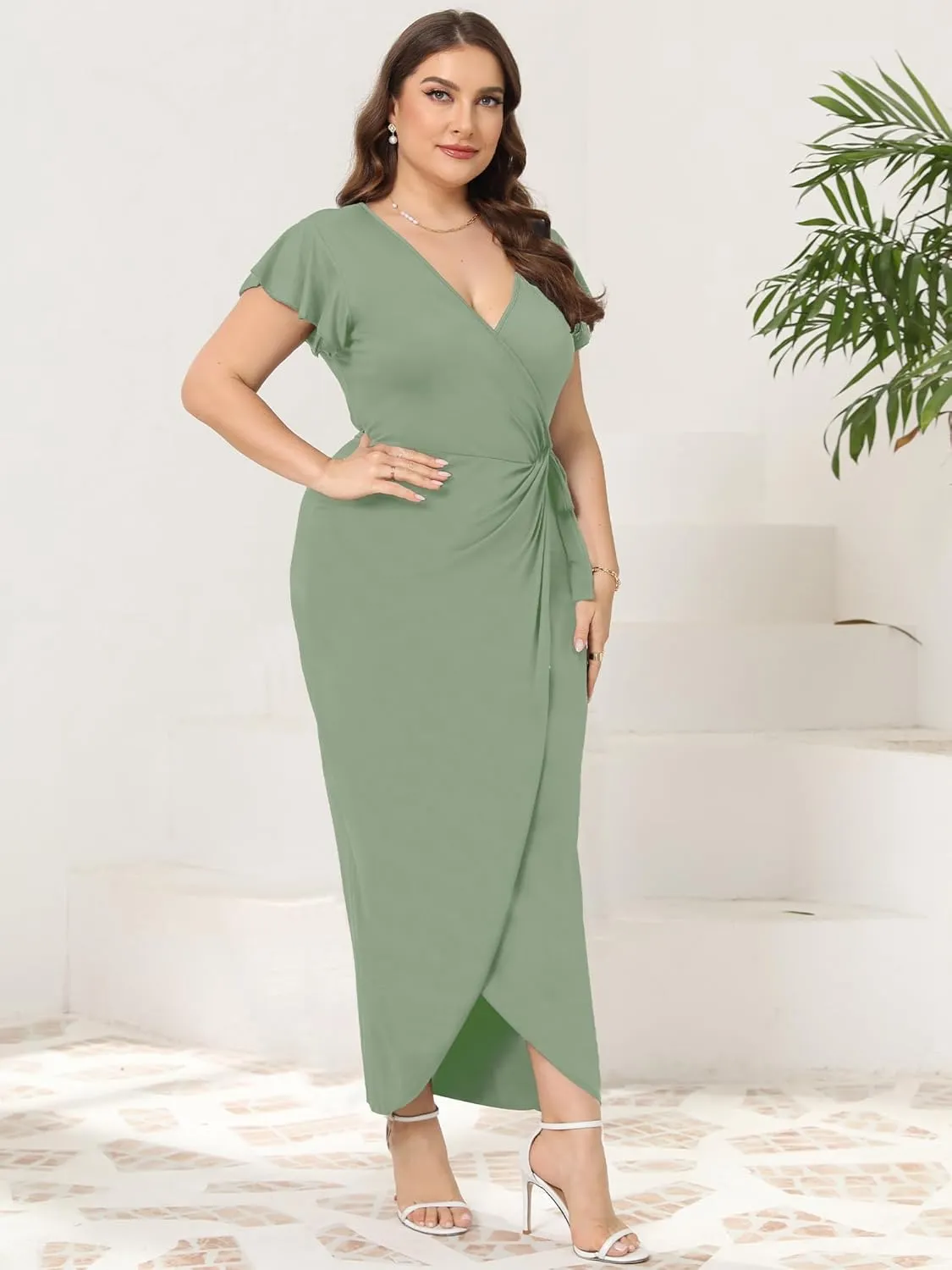 2025 Womens Deep Cross V Neck Ruffle Sleeve Tulip Hem Plus Size Work Cocktail Party Elegant Ruched Long Wrap Dress