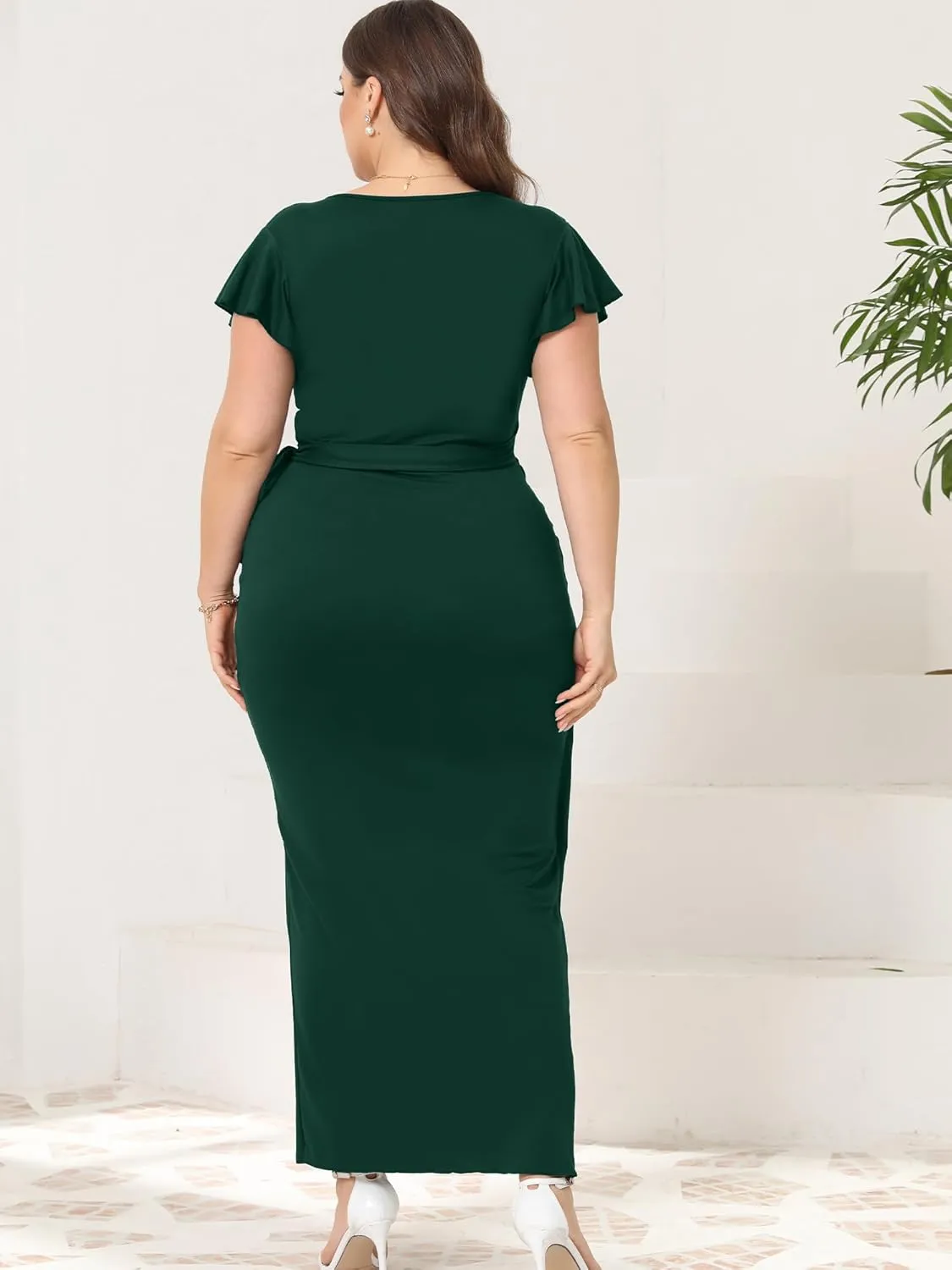 2025 Womens Deep Cross V Neck Ruffle Sleeve Tulip Hem Plus Size Work Cocktail Party Elegant Ruched Long Wrap Dress
