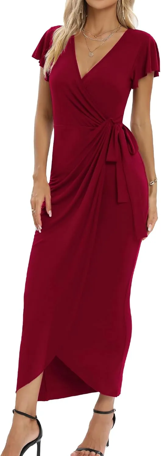 2025 Womens Deep Cross V Neck Ruffle Sleeve Tulip Hem Plus Size Work Cocktail Party Elegant Ruched Long Wrap Dress