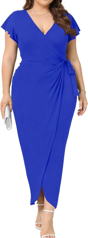2025 Womens Deep Cross V Neck Ruffle Sleeve Tulip Hem Plus Size Work Cocktail Party Elegant Ruched Long Wrap Dress