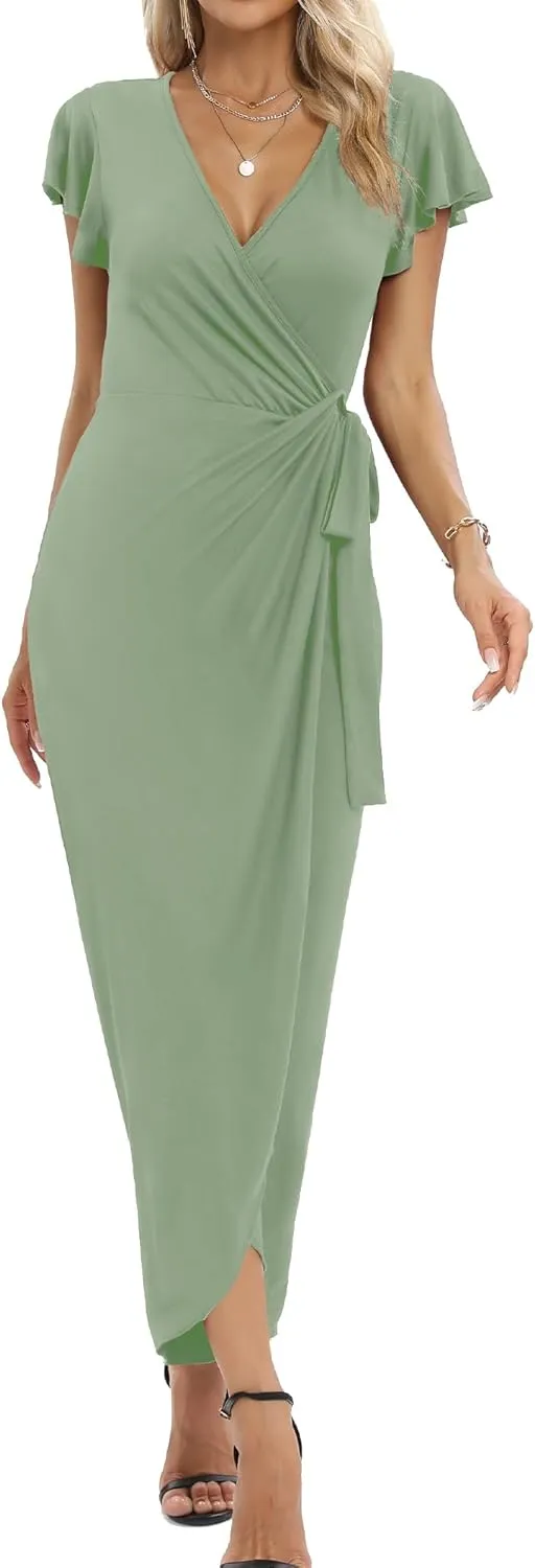 2025 Womens Deep Cross V Neck Ruffle Sleeve Tulip Hem Plus Size Work Cocktail Party Elegant Ruched Long Wrap Dress