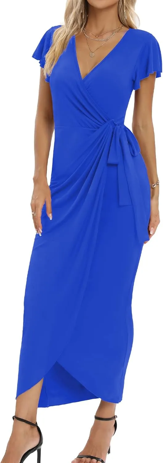 2025 Womens Deep Cross V Neck Ruffle Sleeve Tulip Hem Plus Size Work Cocktail Party Elegant Ruched Long Wrap Dress