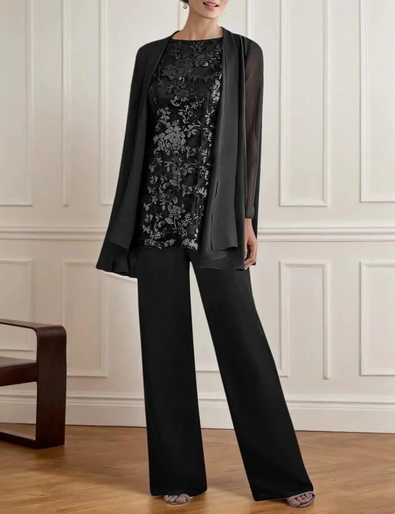 3 PCS Mother of The Bride Pant Suits for Women Dressy Long Sleeve Chiffon Formal Pantsuits for Wedding
