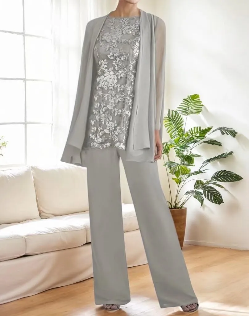 3 PCS Mother of The Bride Pant Suits for Women Dressy Long Sleeve Chiffon Formal Pantsuits for Wedding