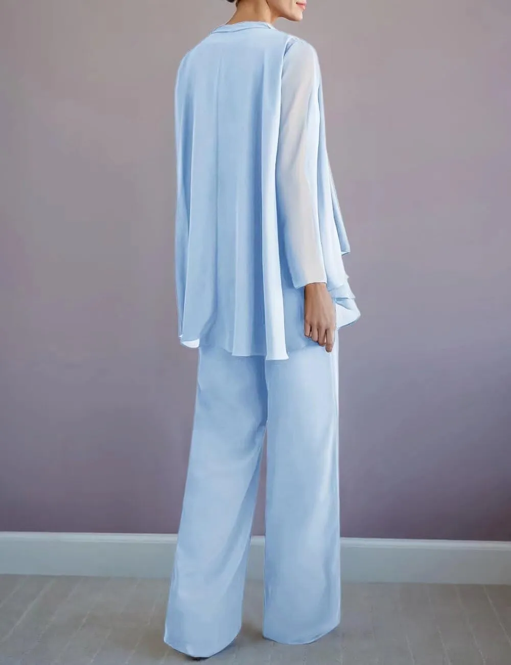 3 PCS Mother of The Bride Pant Suits for Women Dressy Long Sleeve Chiffon Formal Pantsuits for Wedding