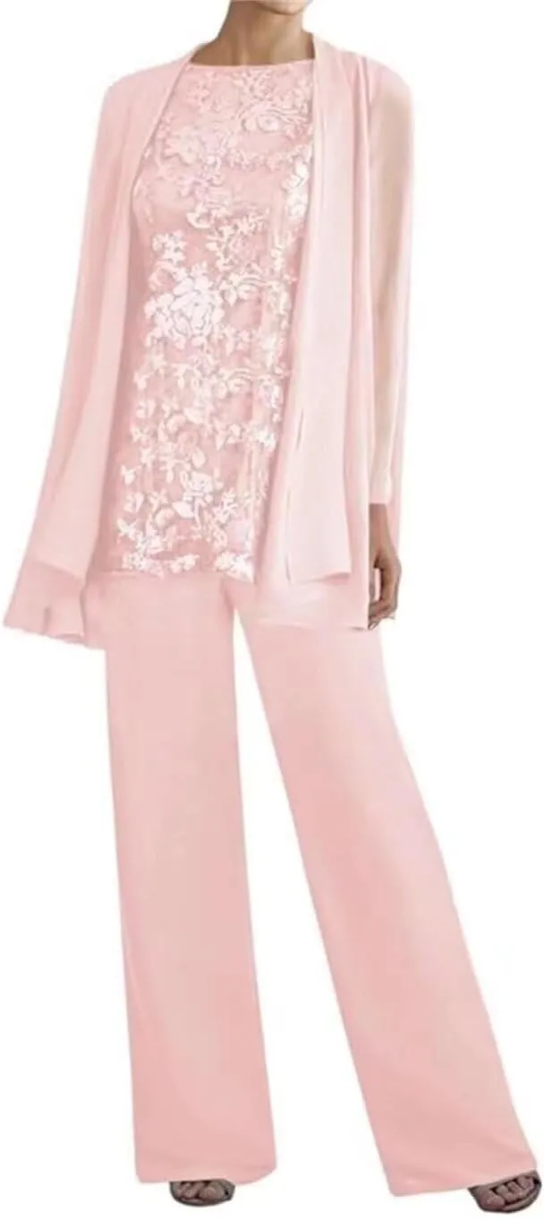 3 PCS Mother of The Bride Pant Suits for Women Dressy Long Sleeve Chiffon Formal Pantsuits for Wedding