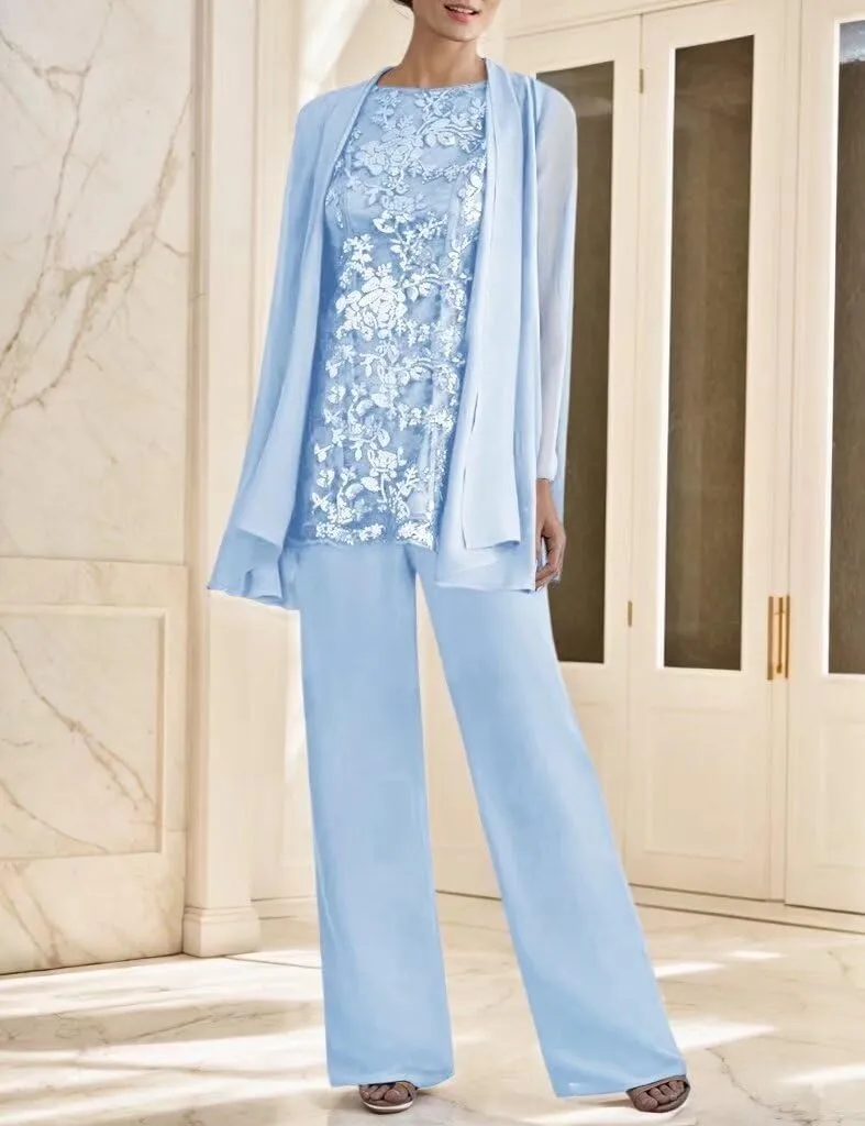 3 PCS Mother of The Bride Pant Suits for Women Dressy Long Sleeve Chiffon Formal Pantsuits for Wedding