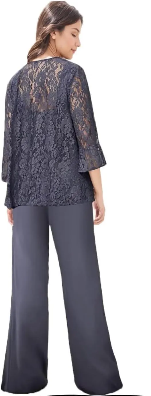 3 Pieces Mother of The Bride Pant Suits with Jacket Long Sleeves Lace Chiffon Outfit Formal Evening Dress for Wedding
