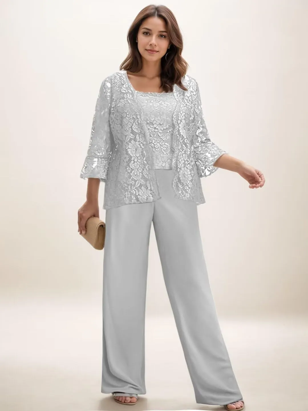 3 Pieces Mother of The Bride Pant Suits with Jacket Long Sleeves Lace Chiffon Outfit Formal Evening Dress for Wedding