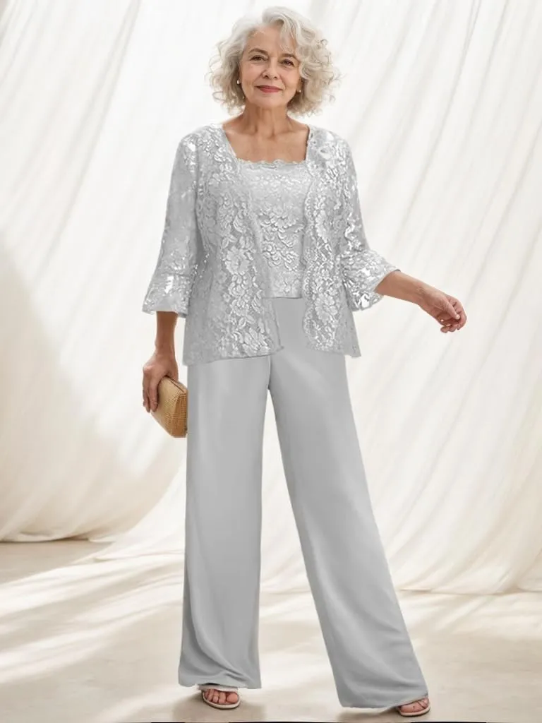 3 Pieces Mother of The Bride Pant Suits with Jacket Long Sleeves Lace Chiffon Outfit Formal Evening Dress for Wedding