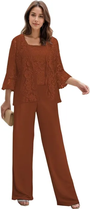 3 Pieces Mother of The Bride Pant Suits with Jacket Long Sleeves Lace Chiffon Outfit Formal Evening Dress for Wedding