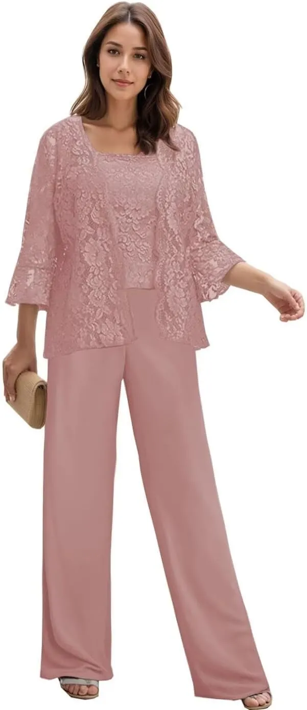 3 Pieces Mother of The Bride Pant Suits with Jacket Long Sleeves Lace Chiffon Outfit Formal Evening Dress for Wedding