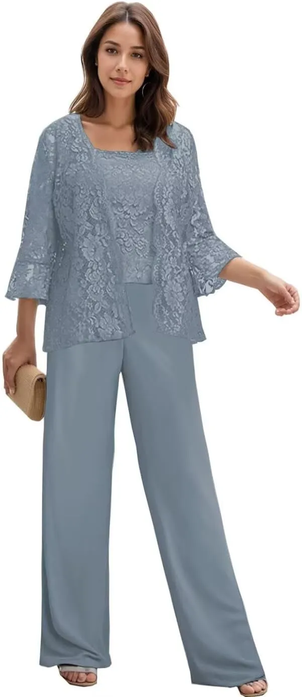 3 Pieces Mother of The Bride Pant Suits with Jacket Long Sleeves Lace Chiffon Outfit Formal Evening Dress for Wedding
