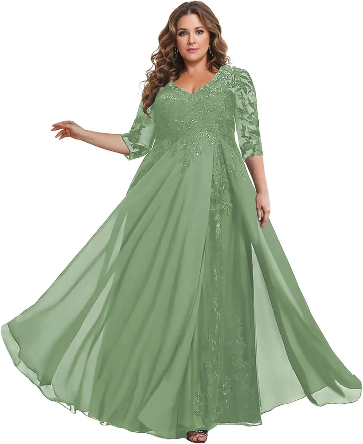 3/4 Sleeves Mother of The Bride Dresses for Wedding - Sequin Lace V Neck Chiffon Long Formal Evening Gowns